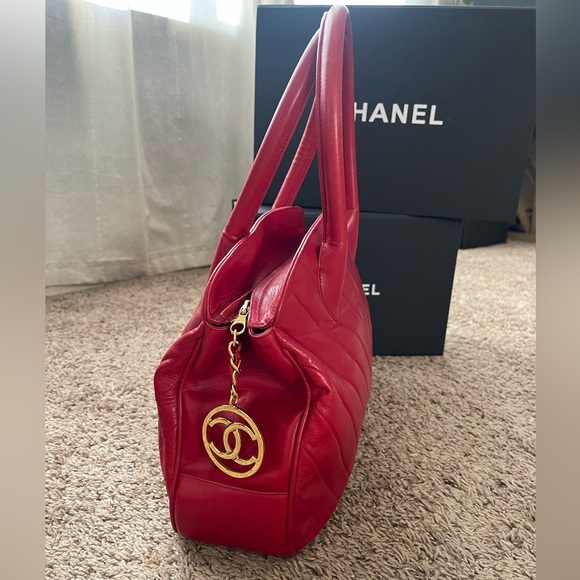 CHANEL Handbags - Chanel Red Lambskin Chevron Bag